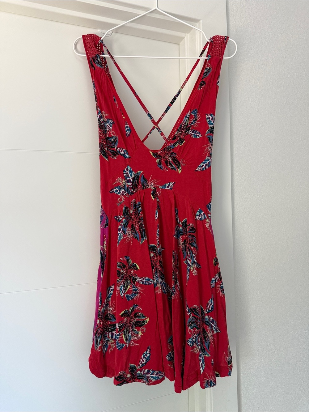 Free People Red Floral V-Neck Sundress with Crisscross Back